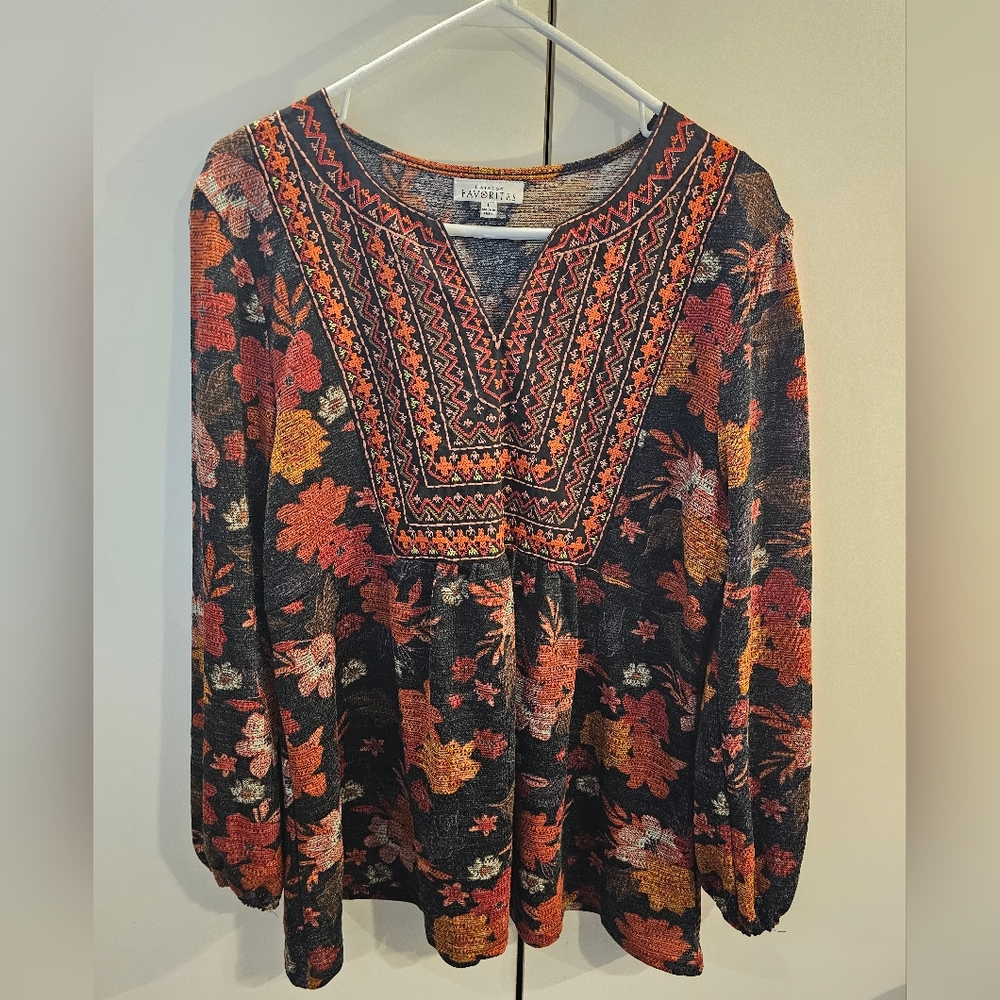 Catalog Favorites Fall Patterned V-Neck Blouse with Embroidery